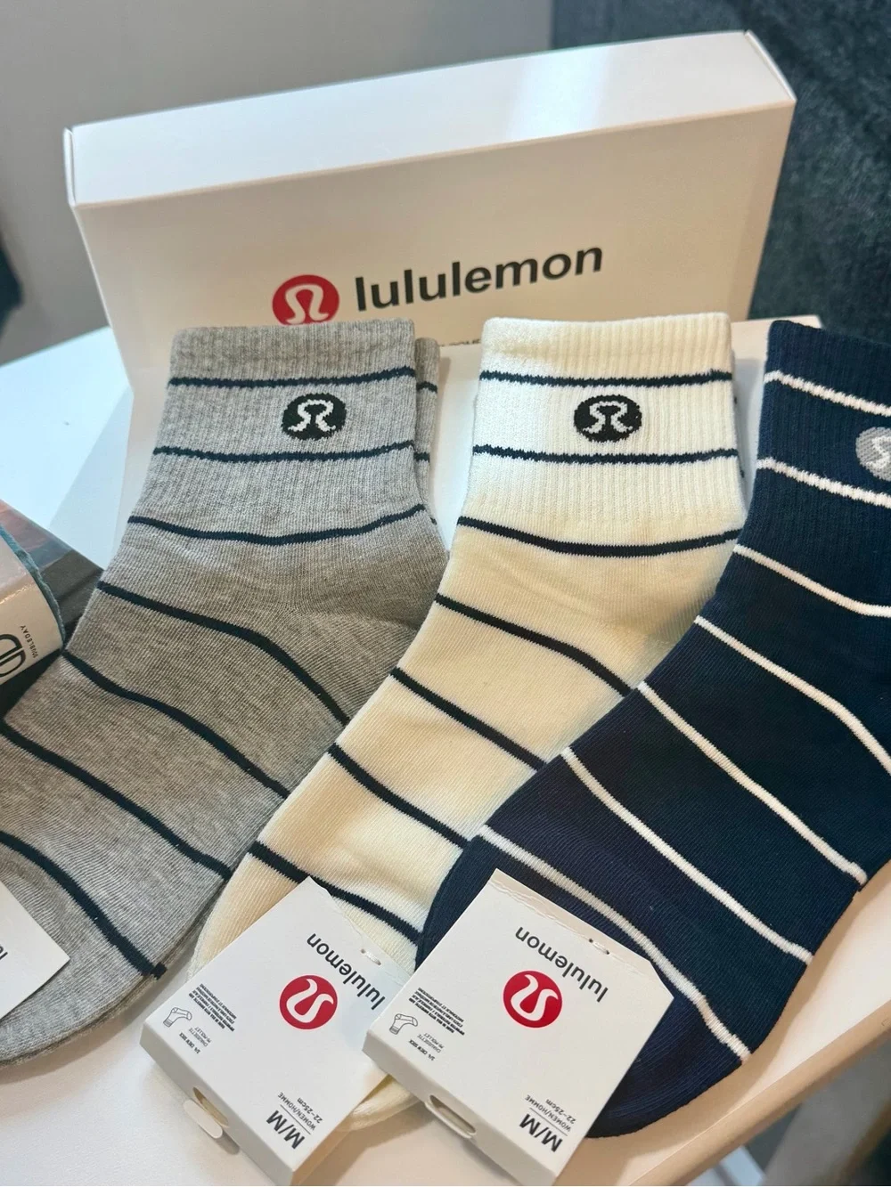 lululemon Striped Crew Socks in Navy, Gray & Cream set of 3